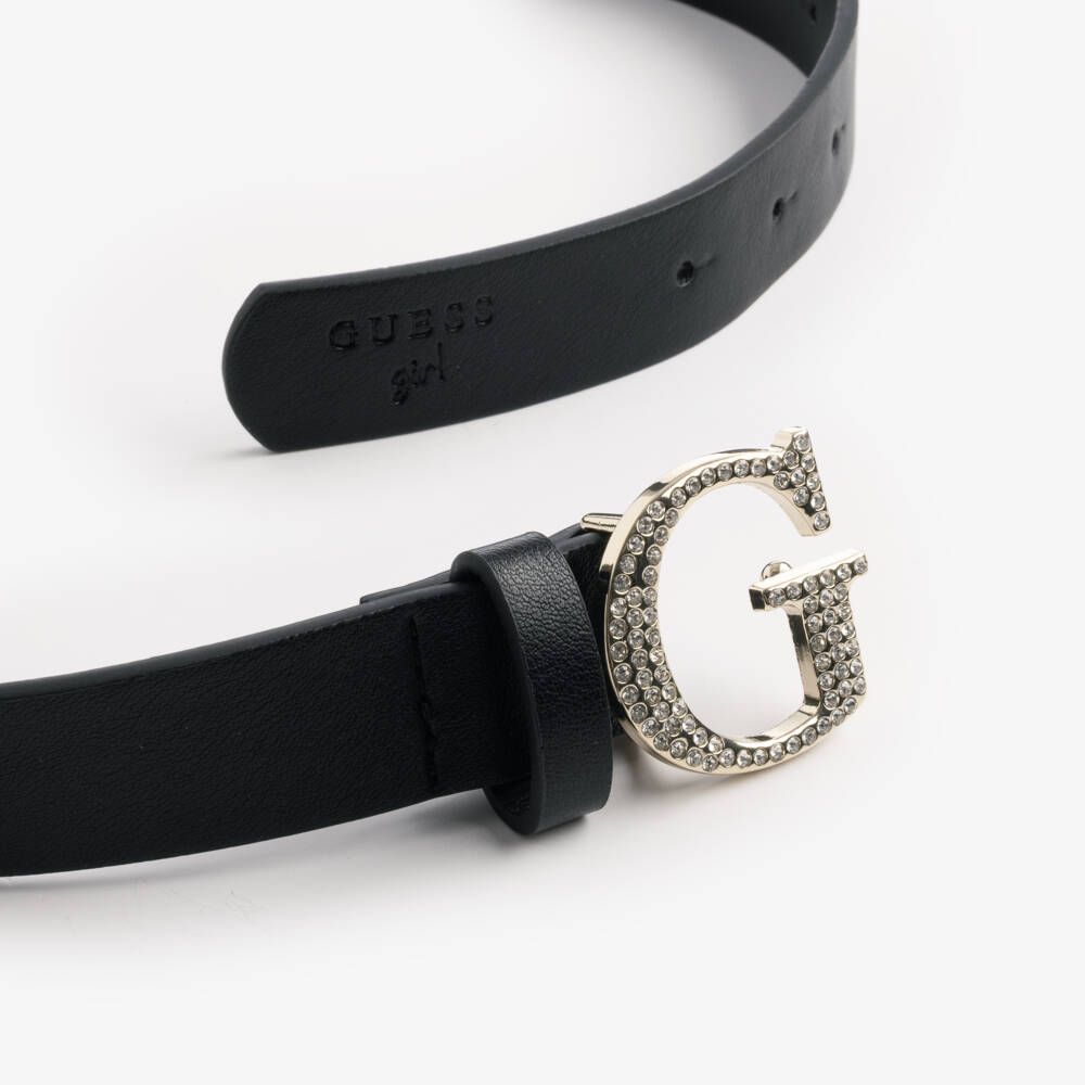 Guess-Girls Black Faux Leather Belt with Diamanté Monogram Buckle | Childrensalon