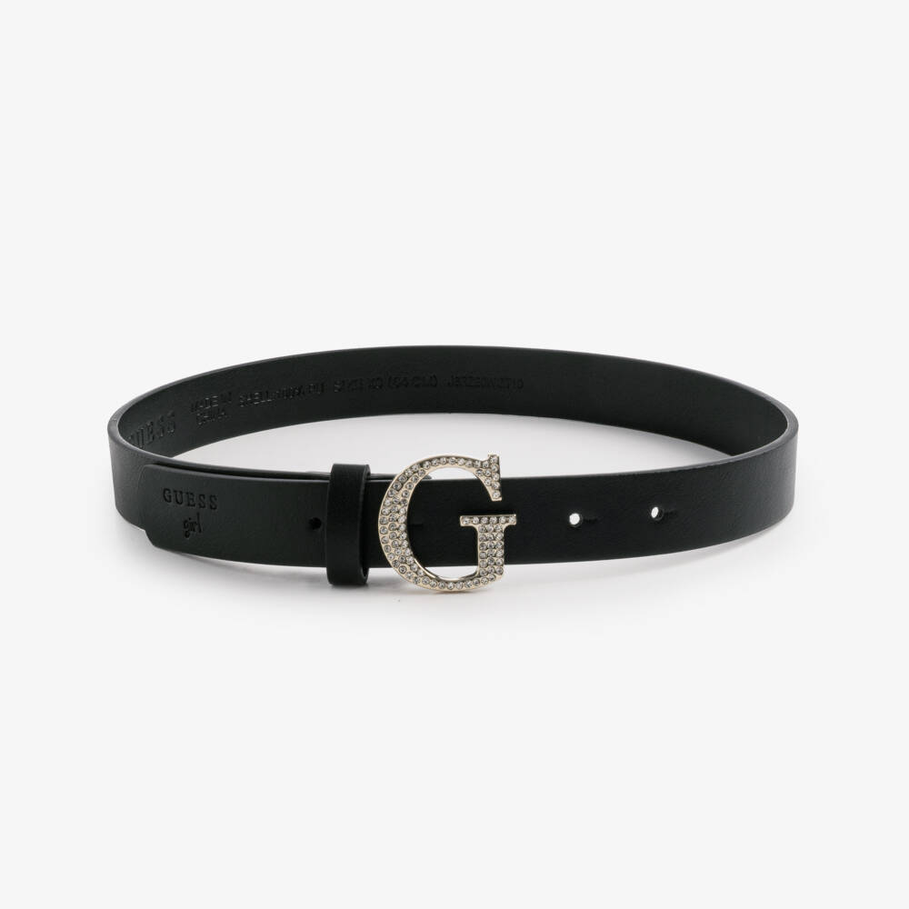 Guess-Girls Black Faux Leather Belt with Diamanté Monogram Buckle | Childrensalon