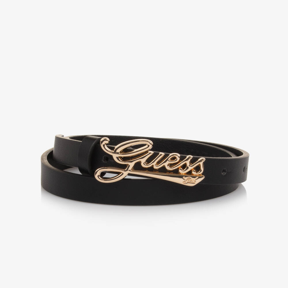 Guess-Girls Black Faux Leather Belt with Gold Logo | Childrensalon