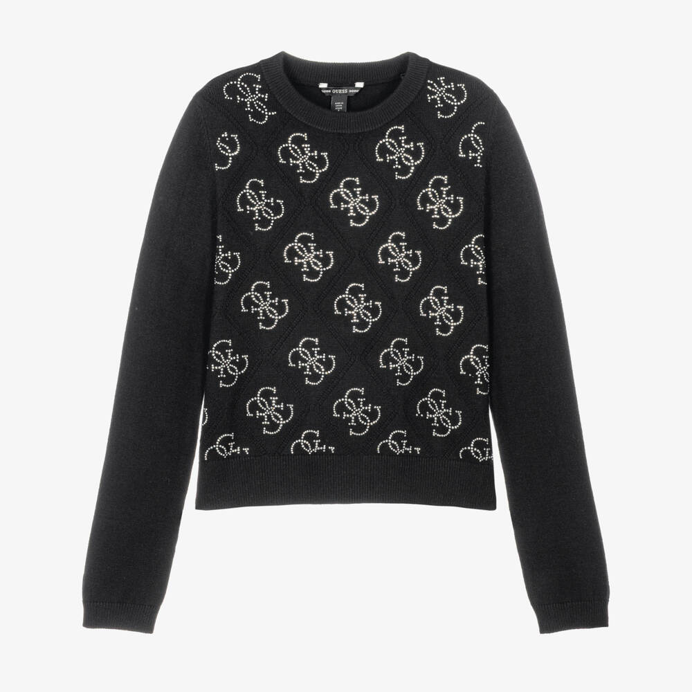 Guess-Girls Black Fine Knit Sweater with Diamanté Logos | Childrensalon