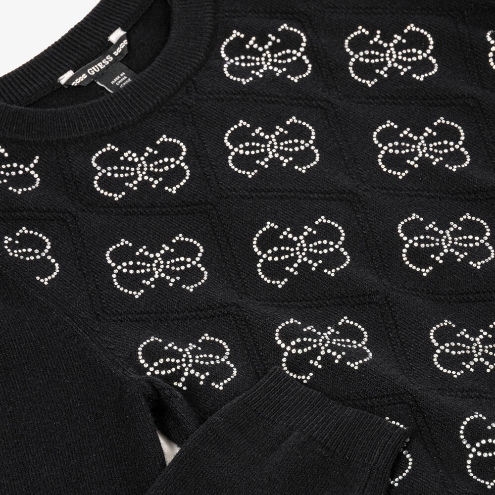 Guess-Girls Black Fine Knit Sweater with Diamanté Logos | Childrensalon