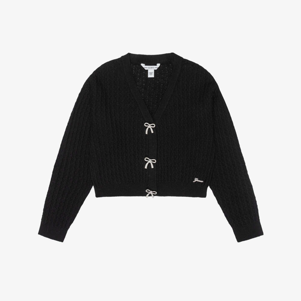 Guess-Girls Black Knitted Cardigan with Diamanté Bows | Childrensalon