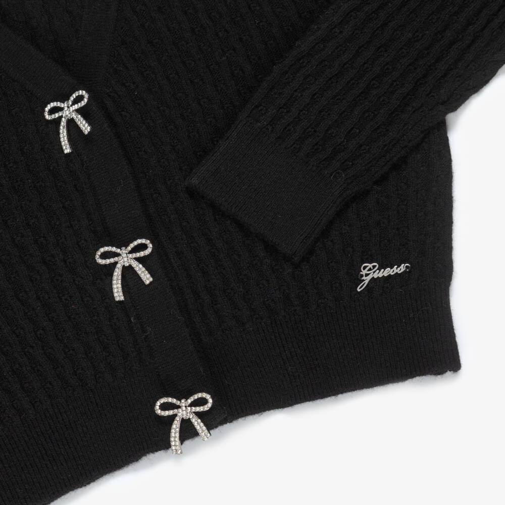 Guess-Girls Black Knitted Cardigan with Diamanté Bows | Childrensalon