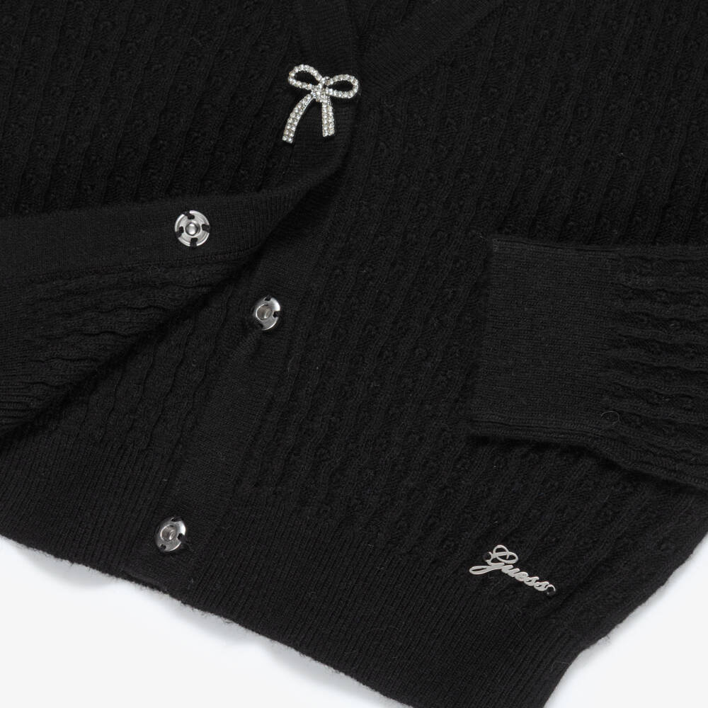 Guess-Girls Black Knitted Cardigan with Diamanté Bows | Childrensalon