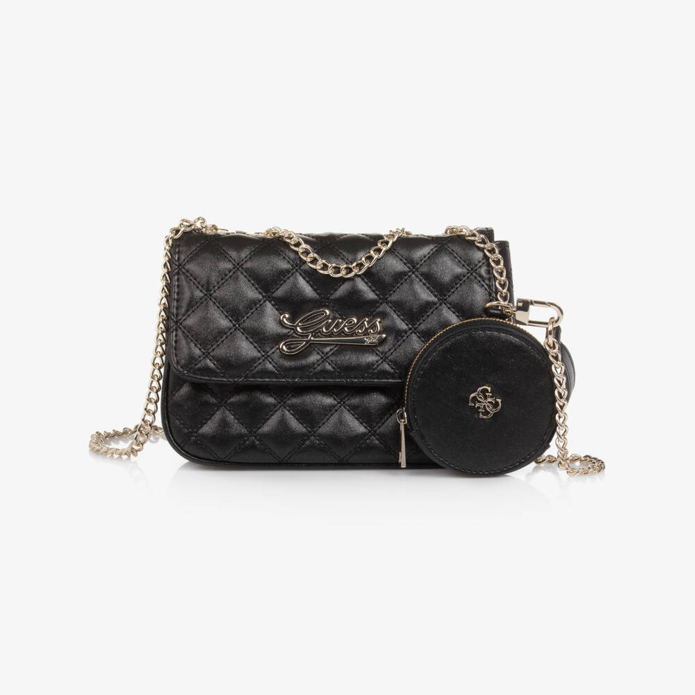Guess-Girls Black Quilted Faux Leather Shoulder Bag (20cm) | Childrensalon