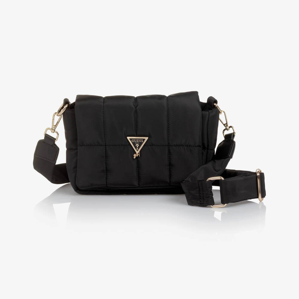 Guess-Girls Black Quilted Shoulder Bag with Triangle Logo (25cm) | Childrensalon