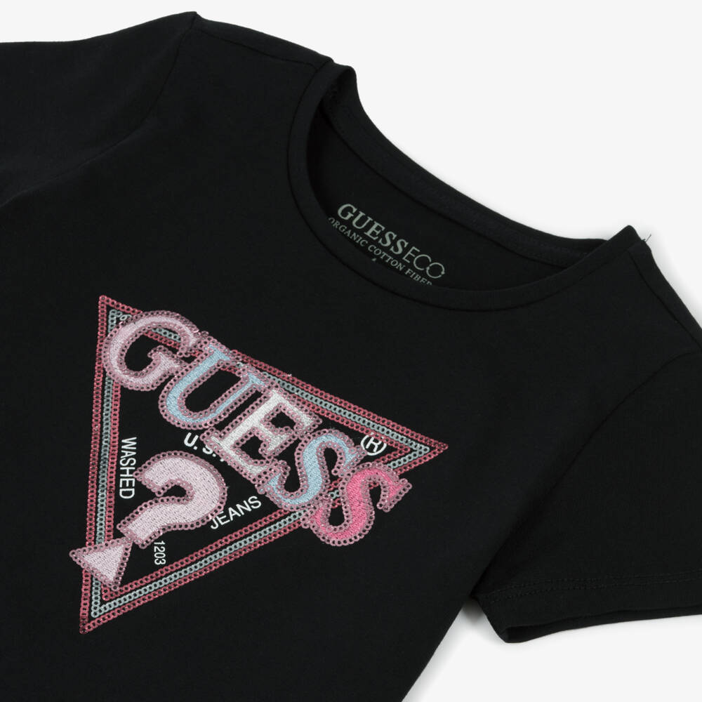 Guess-Girls Black Sequinned Logo T-Shirt | Childrensalon