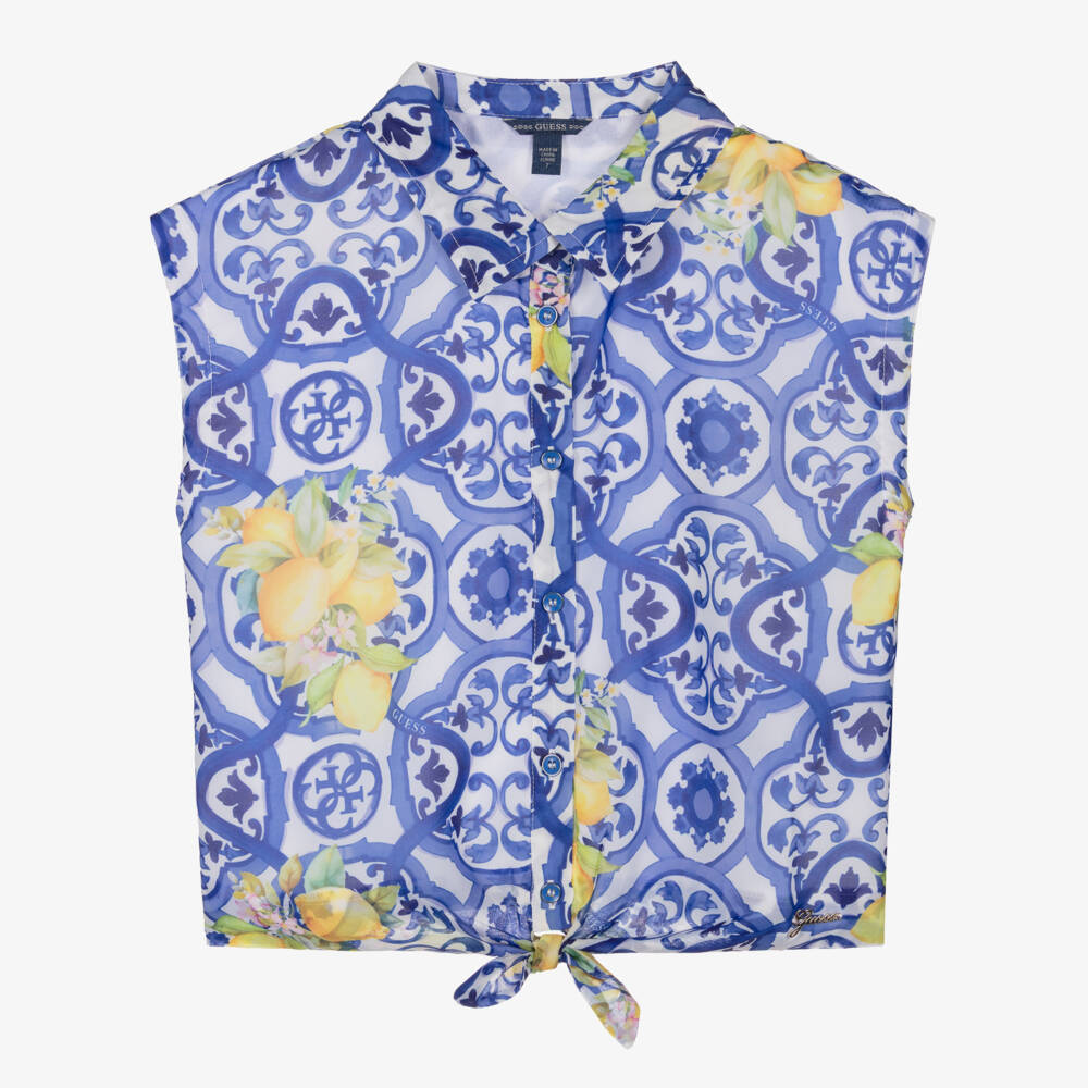 Guess-Girls Blue Chiffon Tile Print Blouse | Childrensalon