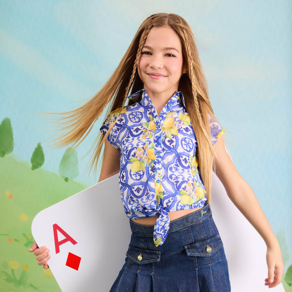 Guess-بلوزة شيفون لون أزرق للبنات | Childrensalon
