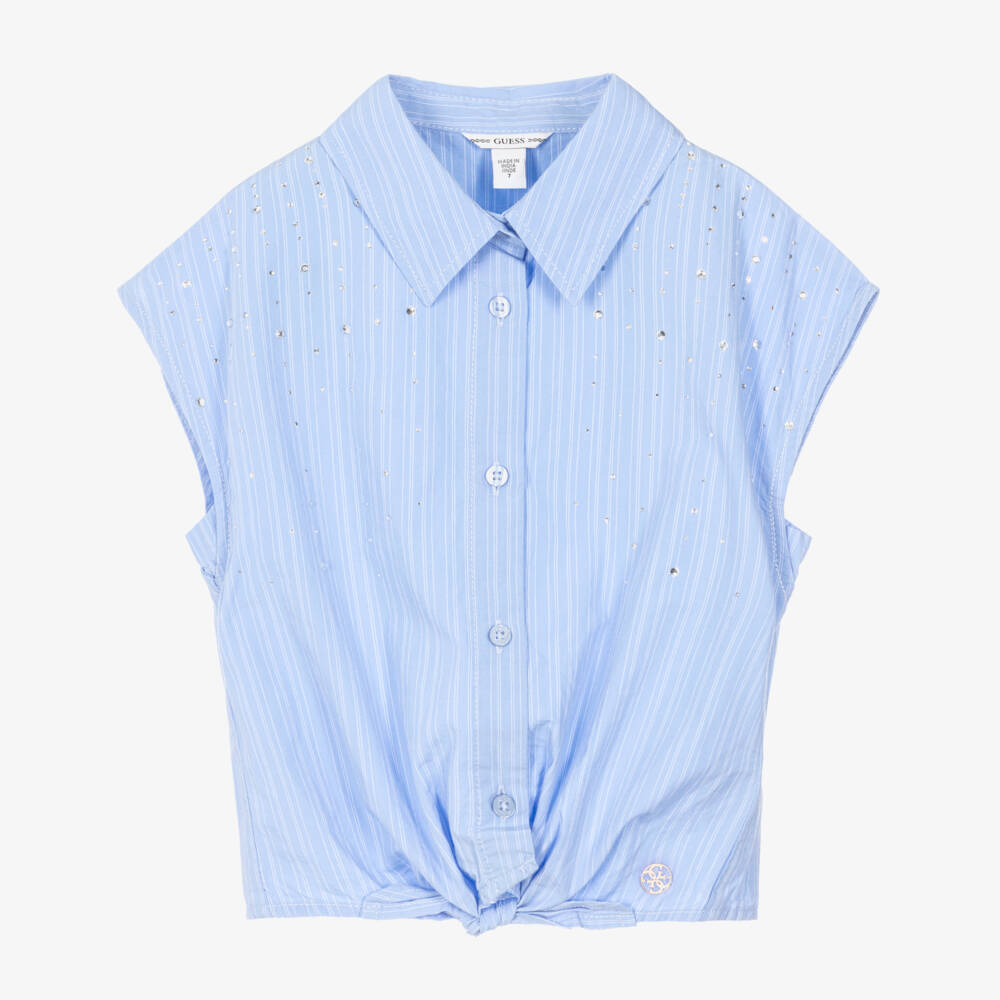 Guess-Girls Blue Cotton Diamanté Sleeveless Blouse | Childrensalon