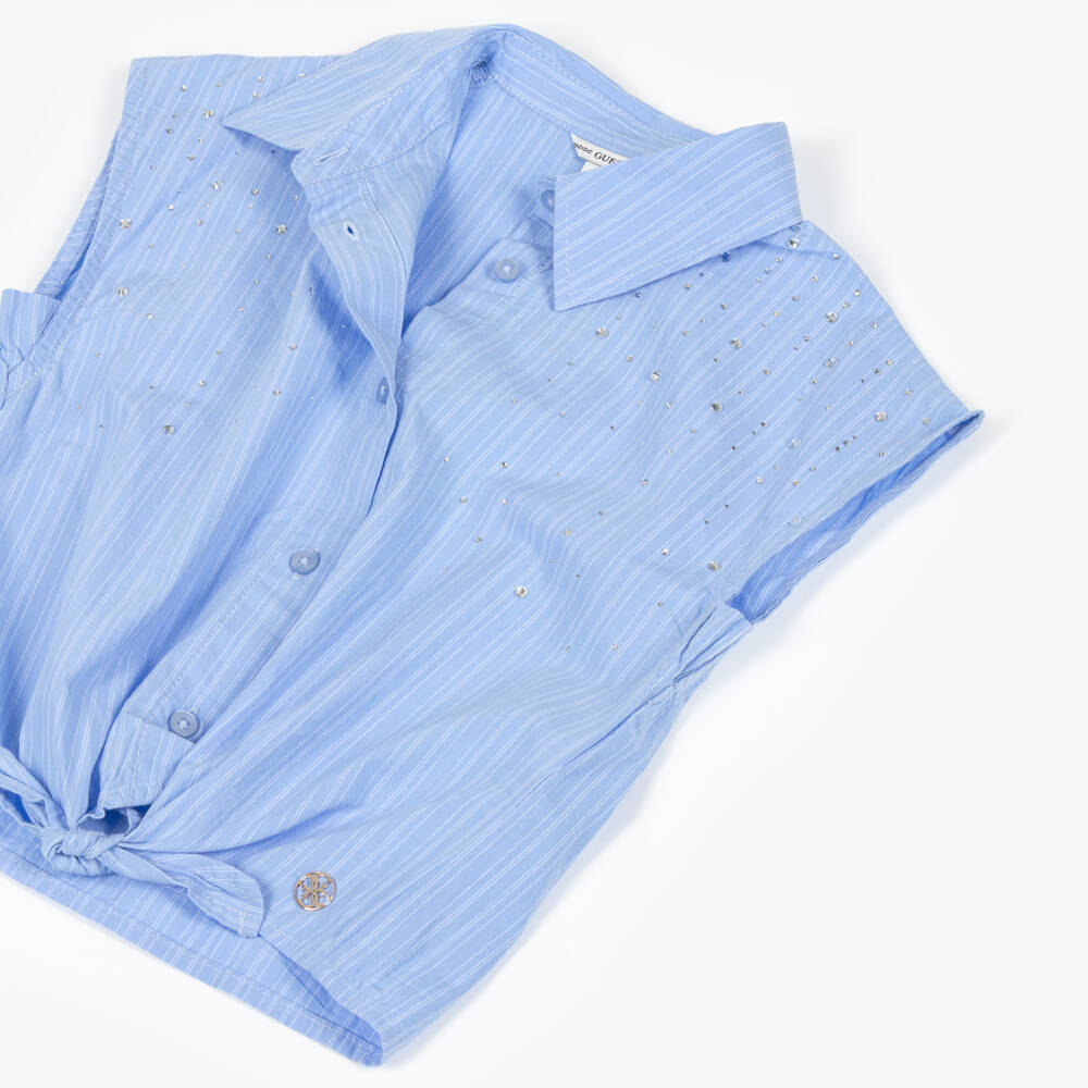 Guess-Girls Blue Cotton Diamanté Sleeveless Blouse | Childrensalon