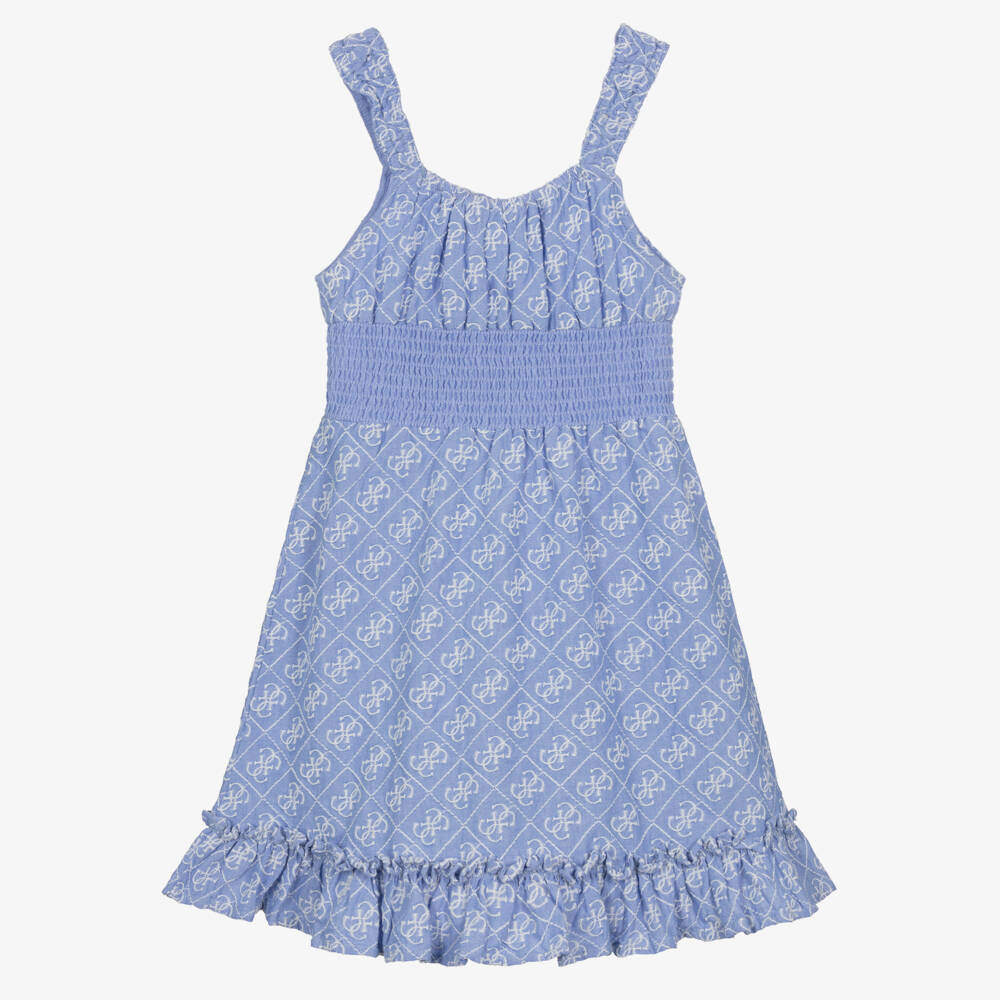 Guess-Girls Blue Cotton Embroidered 4g Logo Dress | Childrensalon