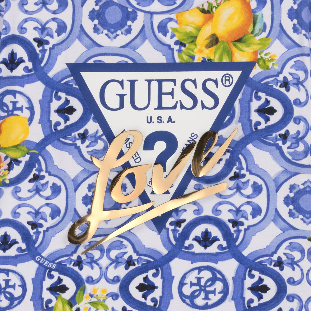Guess-Girls Blue Cotton Tile Print T-Shirt with Triangle Logo | Childrensalon