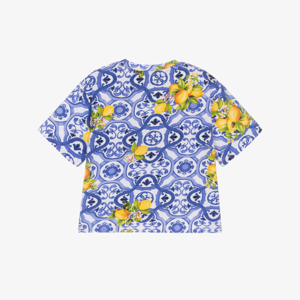 Guess-Girls Blue Cotton Tile Print T-Shirt with Triangle Logo | Childrensalon