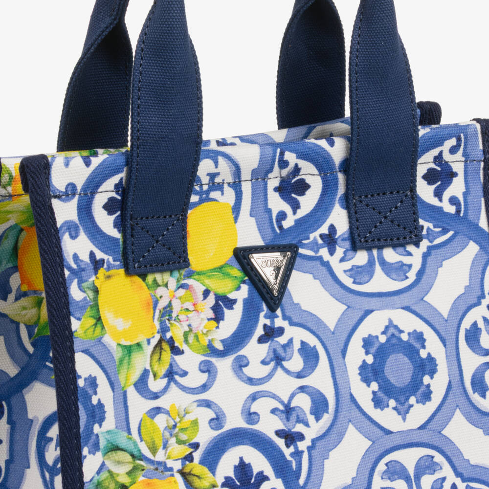 Guess-Girls Blue Cotton Tote Bag with Tile Print (25cm) | Childrensalon