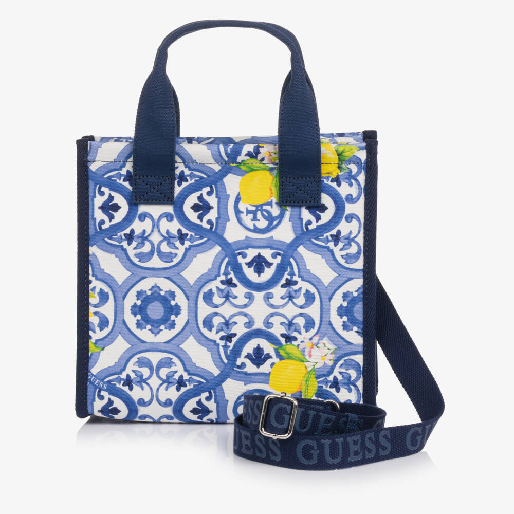 Guess-Girls Blue Cotton Tote Bag with Tile Print (25cm) | Childrensalon