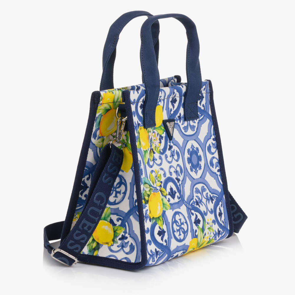 Guess-Girls Blue Cotton Tote Bag with Tile Print (25cm) | Childrensalon