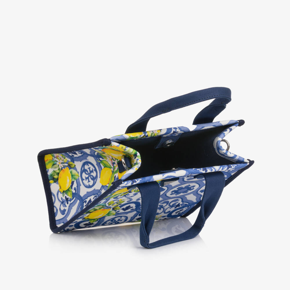 Guess-Girls Blue Cotton Tote Bag with Tile Print (25cm) | Childrensalon