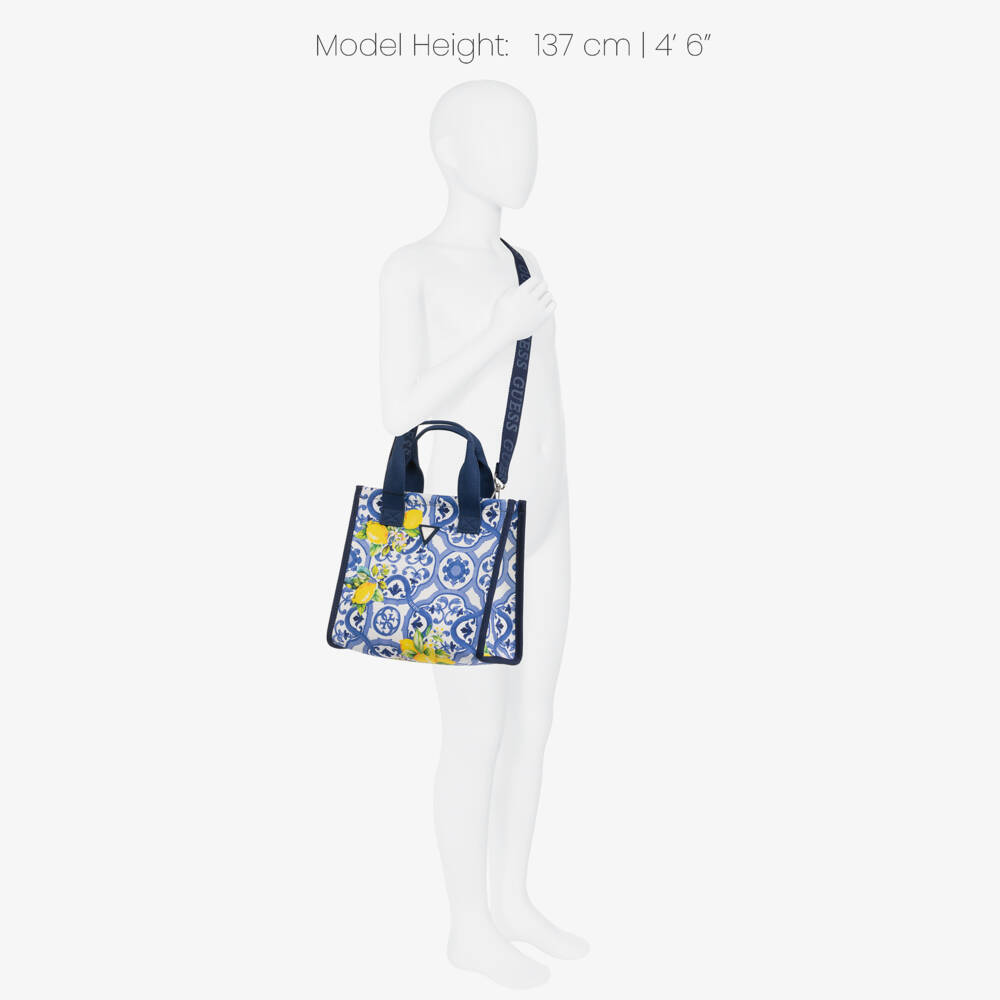 Guess-Girls Blue Cotton Tote Bag with Tile Print (25cm) | Childrensalon