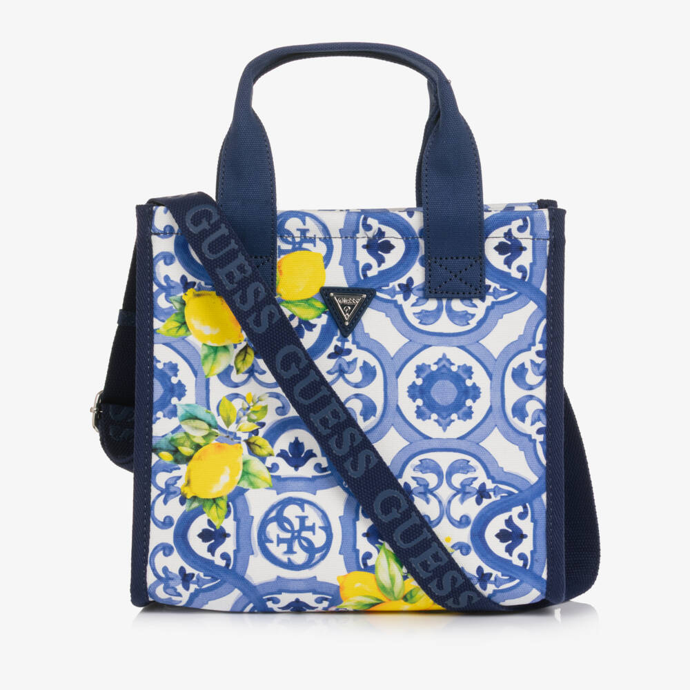 Guess-Girls Blue Cotton Tote Bag with Tile Print (25cm) | Childrensalon