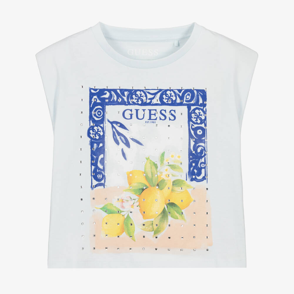 Guess-Girls Blue Lemons Motif T-Shirt with Sparkly Diamantés | Childrensalon