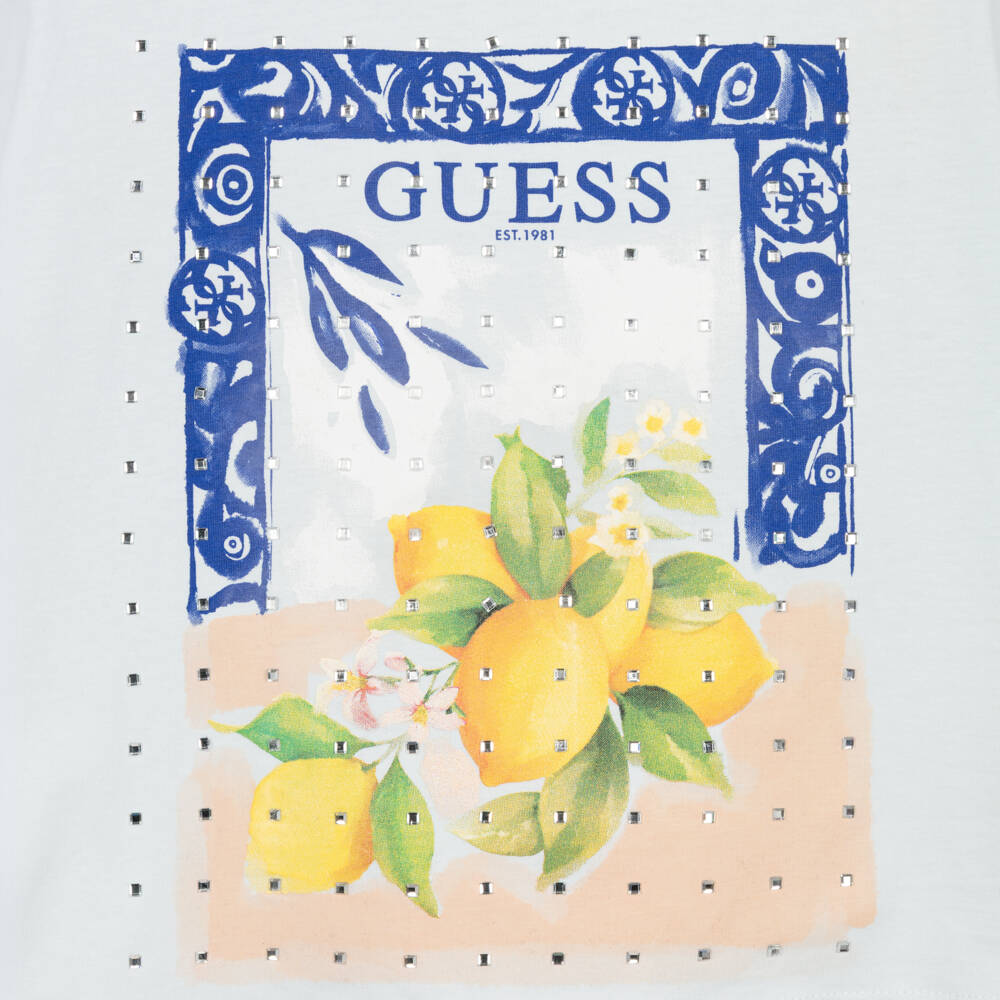 Guess-Girls Blue Lemons Motif T-Shirt with Sparkly Diamantés | Childrensalon