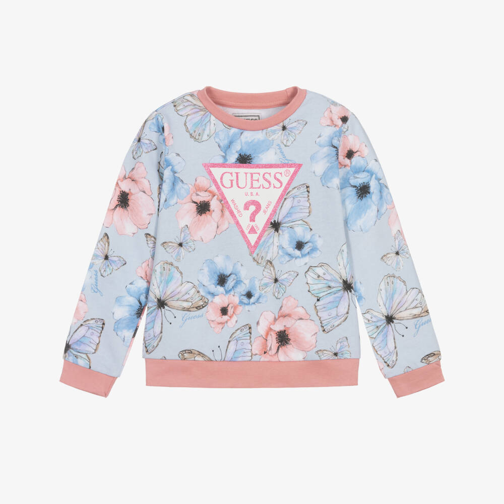 Guess-Girls Blue & Pink Floral Butterfly Cotton Sweatshirt | Childrensalon