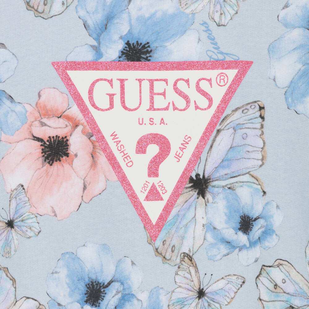 Guess-Girls Blue & Pink Floral Butterfly Cotton Sweatshirt | Childrensalon