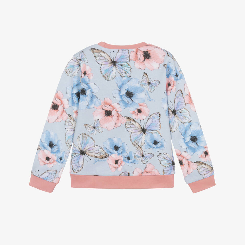 Guess-Girls Blue & Pink Floral Butterfly Cotton Sweatshirt | Childrensalon