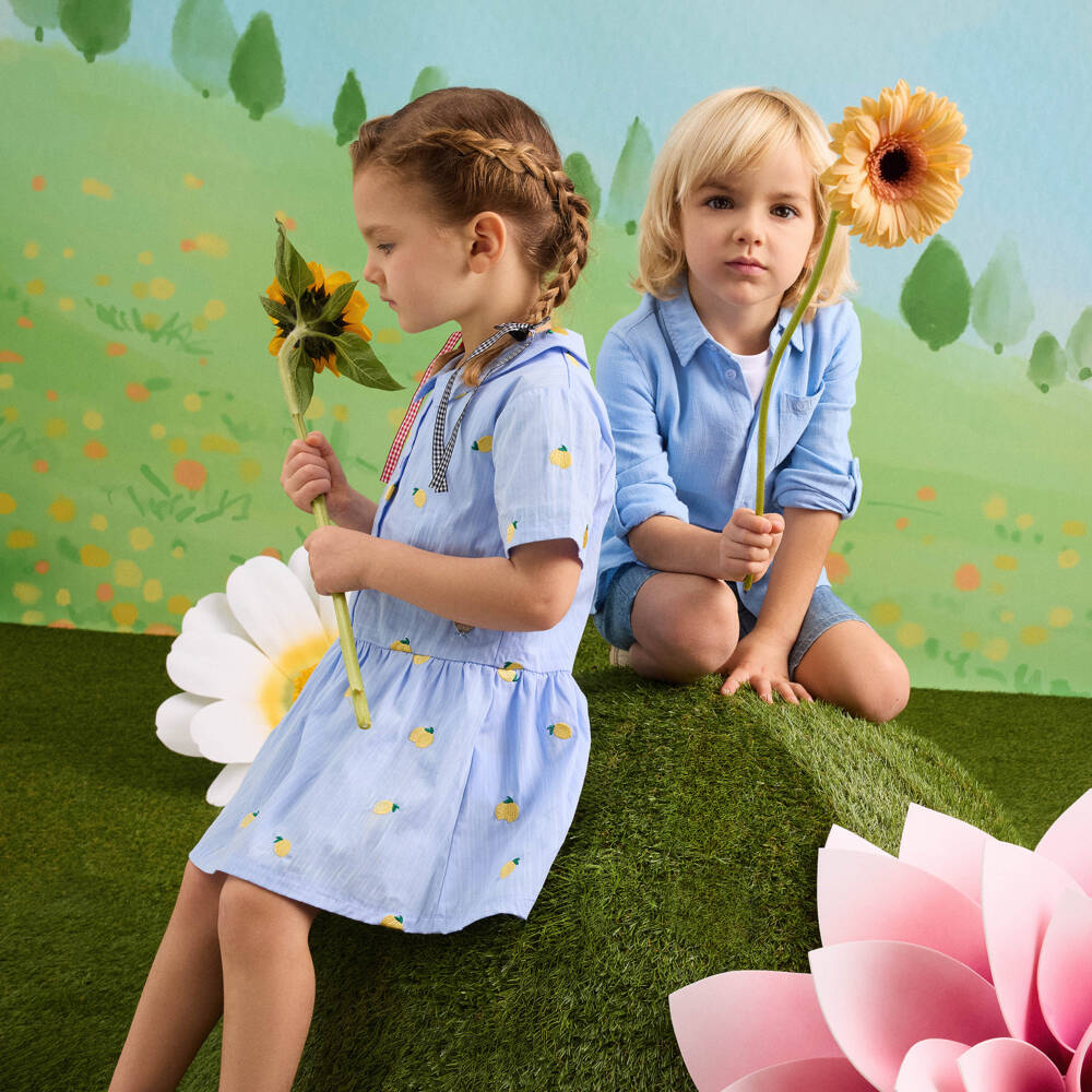 Guess-Girls Blue Striped Shirt Dress with Embroidered Lemons | Childrensalon