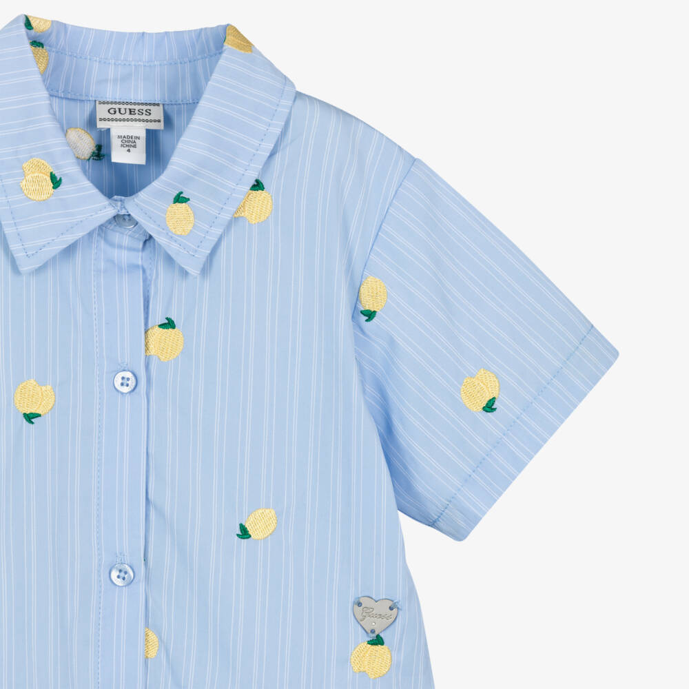 Guess-Girls Blue Striped Shirt Dress with Embroidered Lemons | Childrensalon