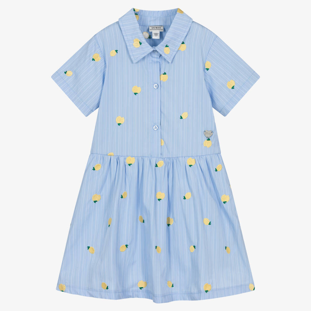 Guess-Girls Blue Striped Shirt Dress with Embroidered Lemons | Childrensalon