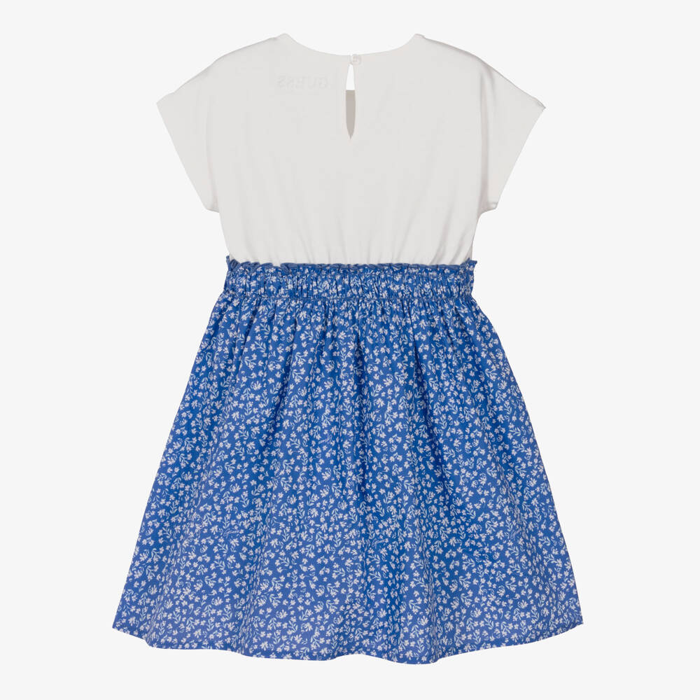 Guess-Платье бело-синее из трикотажа и поплина в цветочек для девочек | Childrensalon