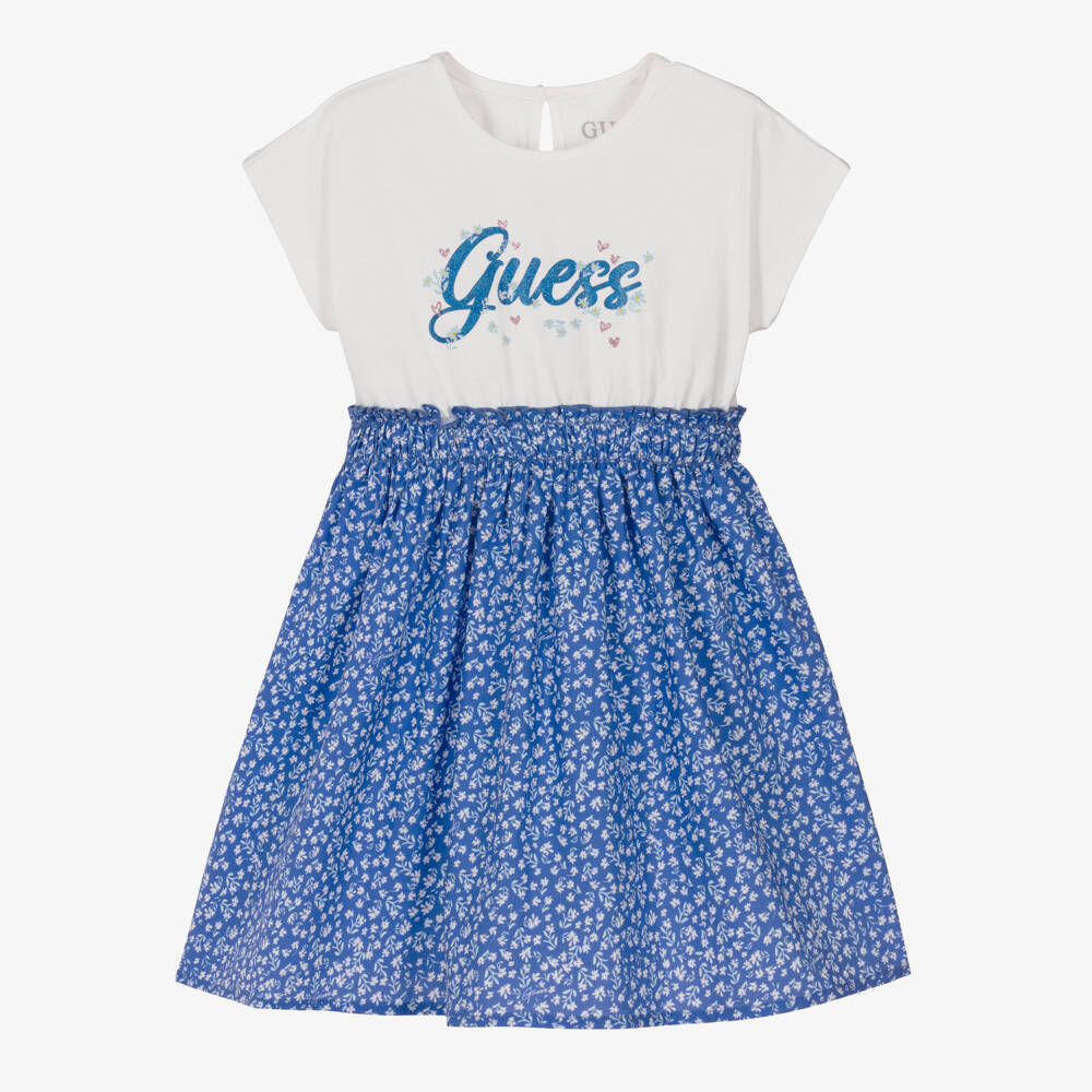Guess-Платье бело-синее из трикотажа и поплина в цветочек для девочек | Childrensalon