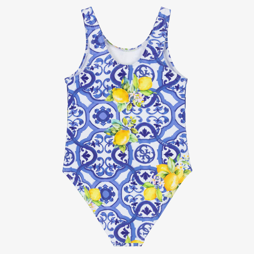 Guess-Girls Blue & White Tile Print Swimsuit | Childrensalon
