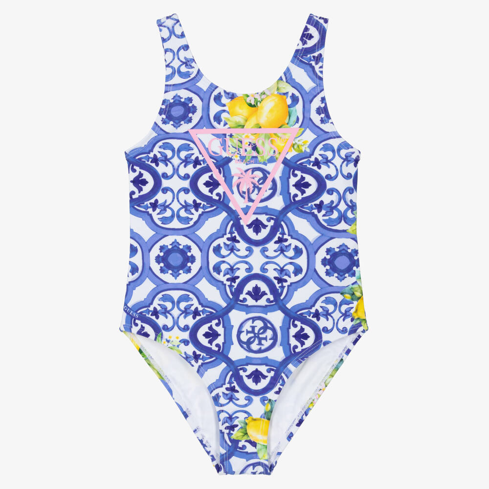 Guess-Girls Blue & White Tile Print Swimsuit | Childrensalon