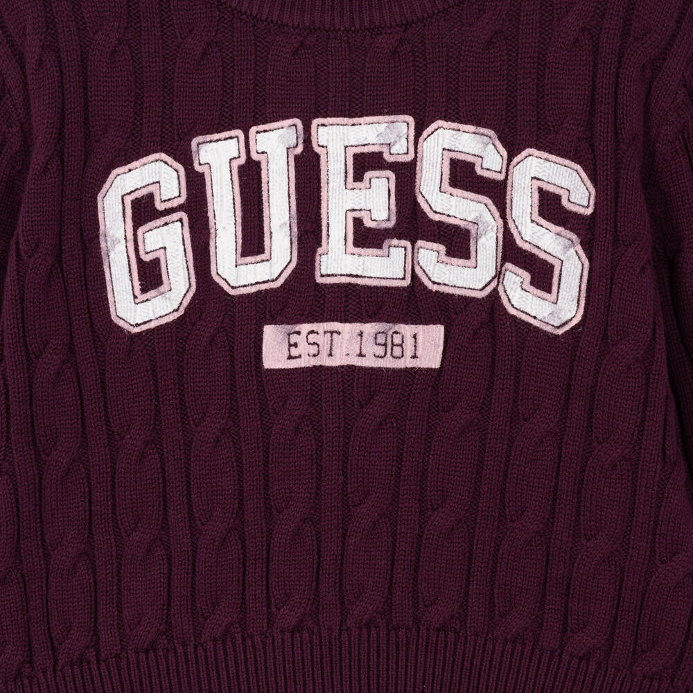 Guess-Girls Burgundy Cable Knit Sweater with Varsity Logo | Childrensalon