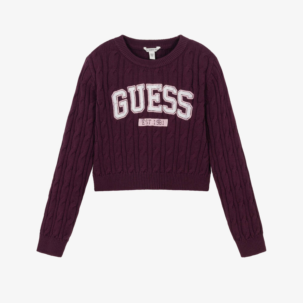 Guess-Girls Burgundy Cable Knit Sweater with Varsity Logo | Childrensalon