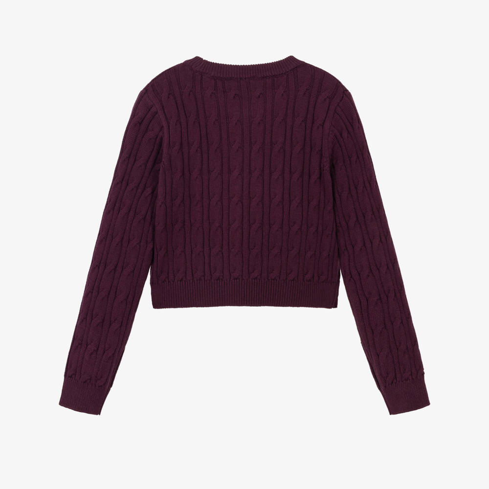 Guess-Girls Burgundy Cable Knit Sweater with Varsity Logo | Childrensalon