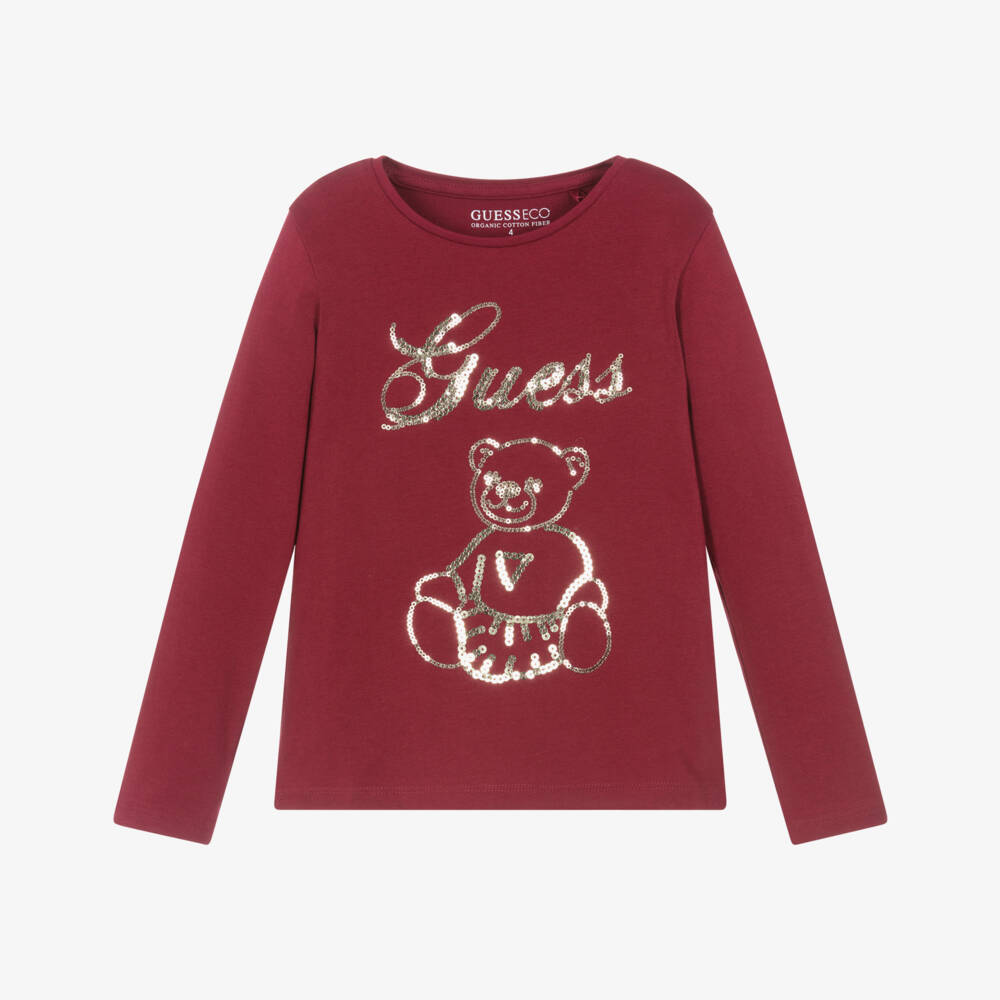 Guess-Girls Burgundy Cotton Top with Gold Sequin Teddy | Childrensalon