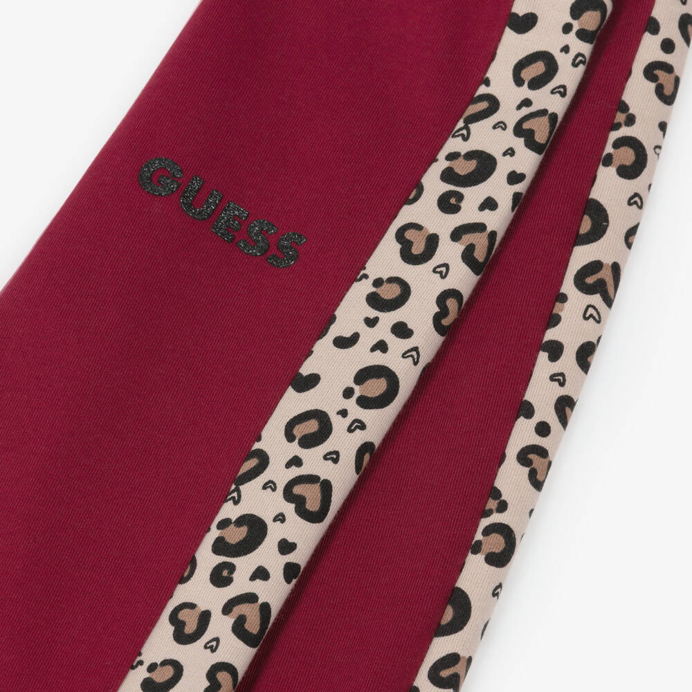 Guess-Girls Burgundy Red Cotton Joggers with Leopard Side Stripe | Childrensalon