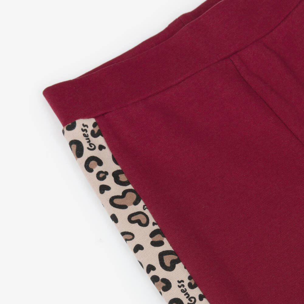 Guess-Girls Burgundy Red Cotton Joggers with Leopard Side Stripe | Childrensalon