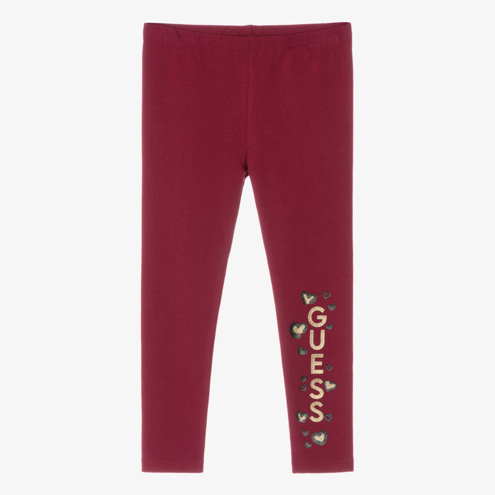 Guess-Girls Burgundy Red Cotton Leggings with Glittery Gold Logo | Childrensalon