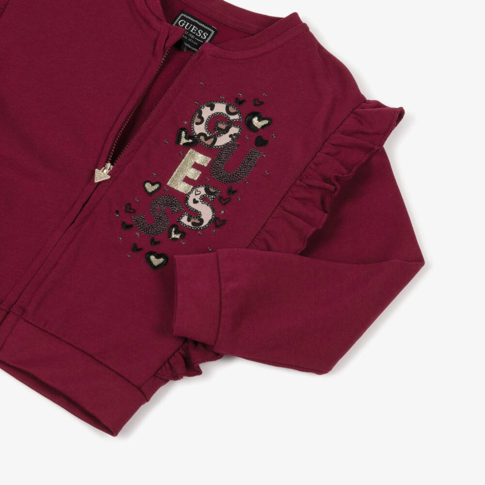 Guess-Girls Burgundy Red Cotton Zip-Up Top with Sequin Logo | Childrensalon