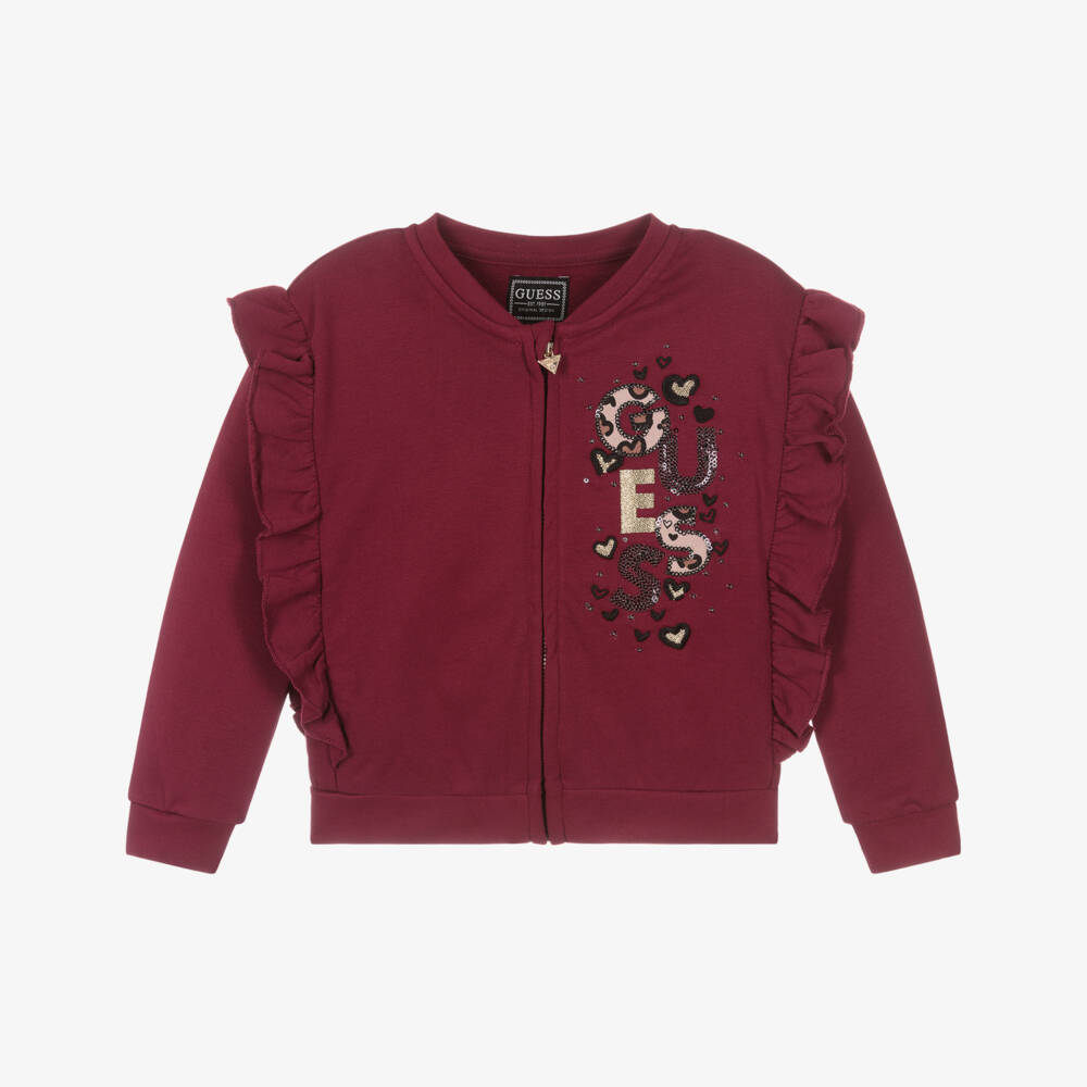 Guess-Girls Burgundy Red Cotton Zip-Up Top with Sequin Logo | Childrensalon