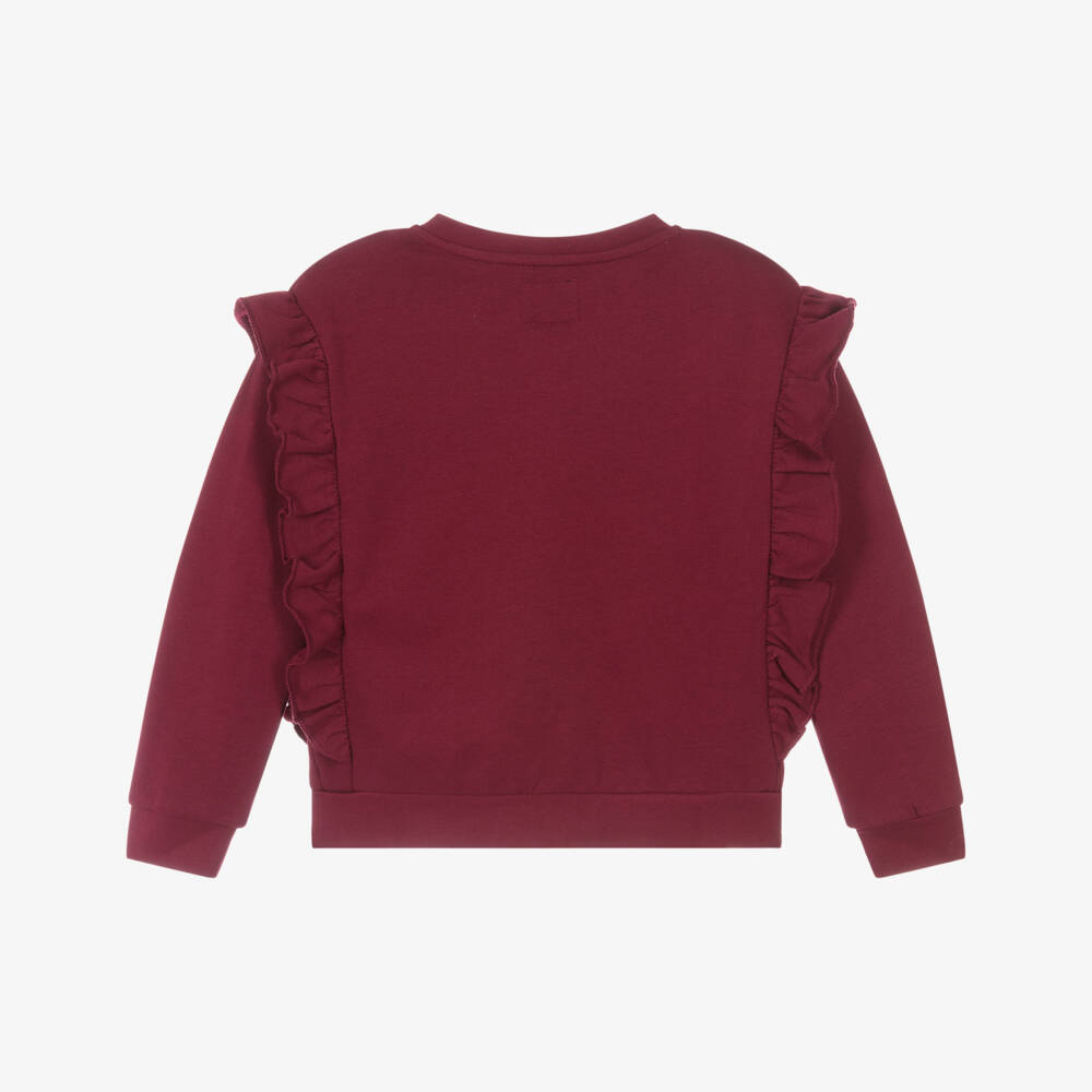 Guess-Girls Burgundy Red Cotton Zip-Up Top with Sequin Logo | Childrensalon