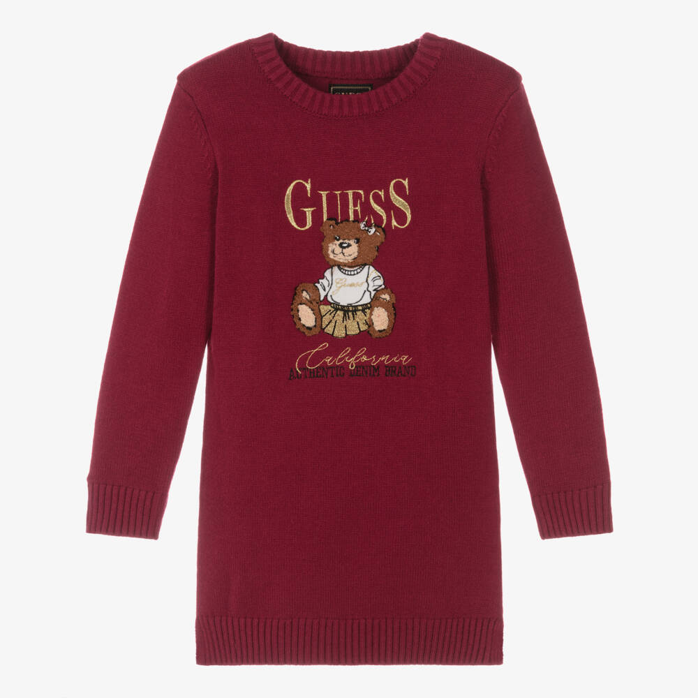 Guess-Girls Burgundy Red Sweater Dress with Teddy Bear  | Childrensalon