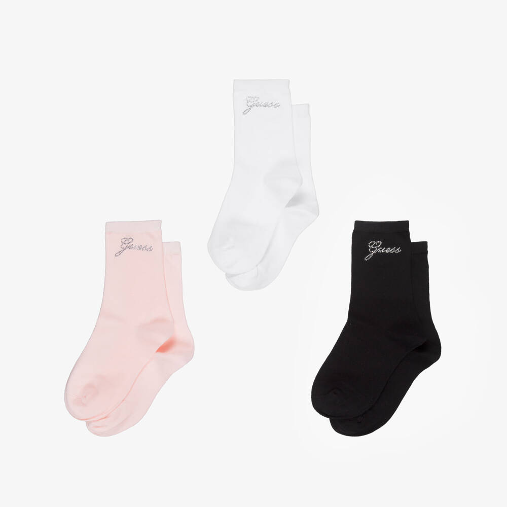 Guess-Girls Cotton Socks with Diamanté Logos (3 Pack) | Childrensalon