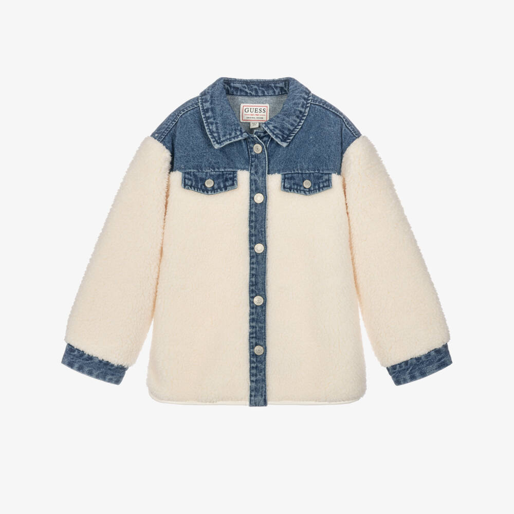 Guess-Girls Denim & Sherpa Fleece Jacket in Ivory | Childrensalon