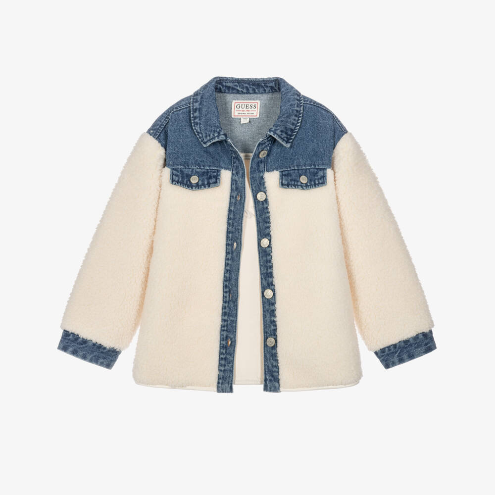 Guess-Girls Denim & Sherpa Fleece Jacket in Ivory | Childrensalon